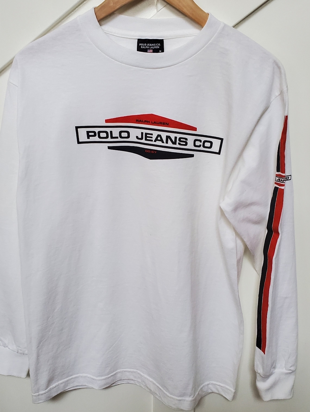 Ralph Lauren White Long Sleeve Polo Jeans Co Tee with Red & Black Accents
